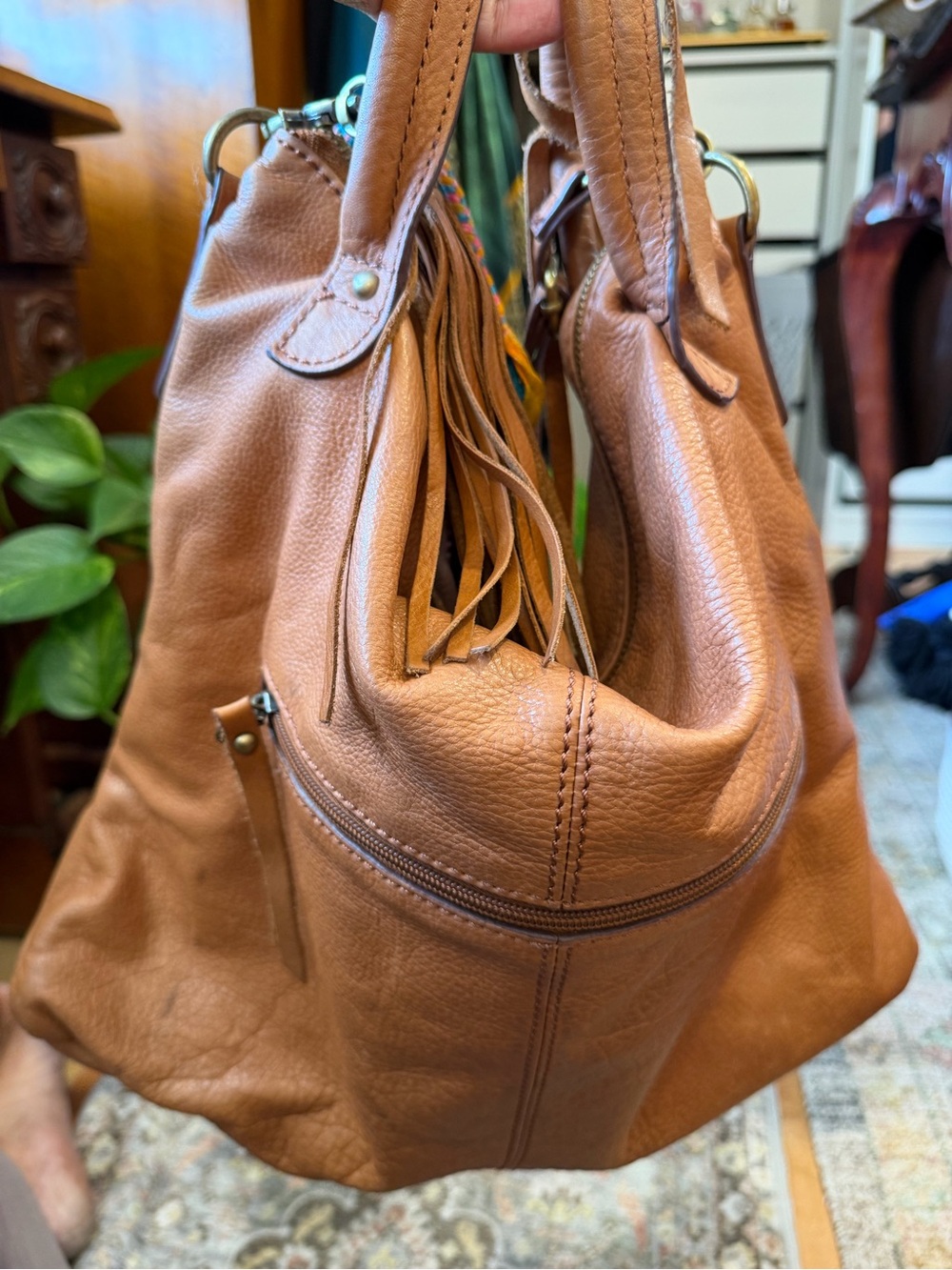 Lucky Brand Brown Leather Boho Shoulder Bag / Hobo Bag with Tassels